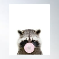 Baby Raccoon Blowing Bubble Gum Pink By Zouzounio Art Poster Wall Art, Modern Wall Decor For Living Room Bedroom, 12x18 UNFRAMED