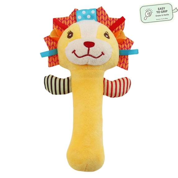Baby Rattle Plush Rattle BB Stick Toy for Newborns 0-12 Months Easy-Grip Soft Cloth Shaker Sensory Toy Fine Motor Skill Developmental Baby Shower Gift Lion