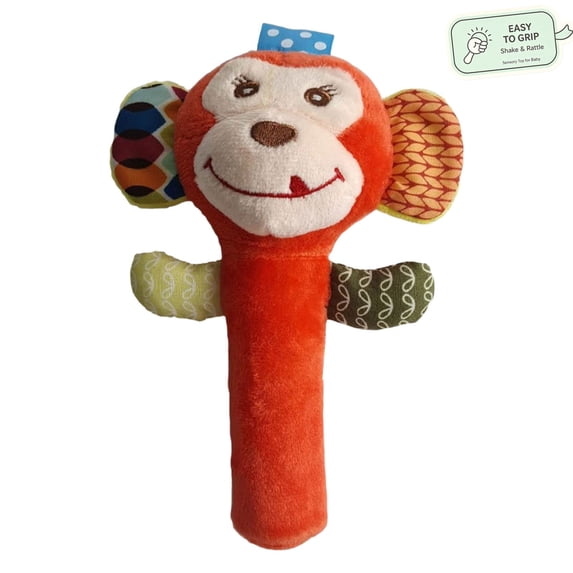 Baby Rattle Plush Rattle BB Stick Toy for Newborns 0-12 Months Easy-Grip Soft Cloth Shaker Sensory Toy Fine Motor Skill Developmental Baby Shower Gift Monkey