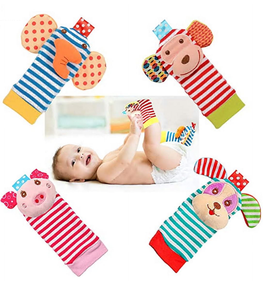 4pcs Baby Wrist Rattle Foot Finder Socks Set, Newborn Wristband and Leg  Ankle Soft Sensory Babies Toys, Cute Animal Bell Strap Development Gifts  for