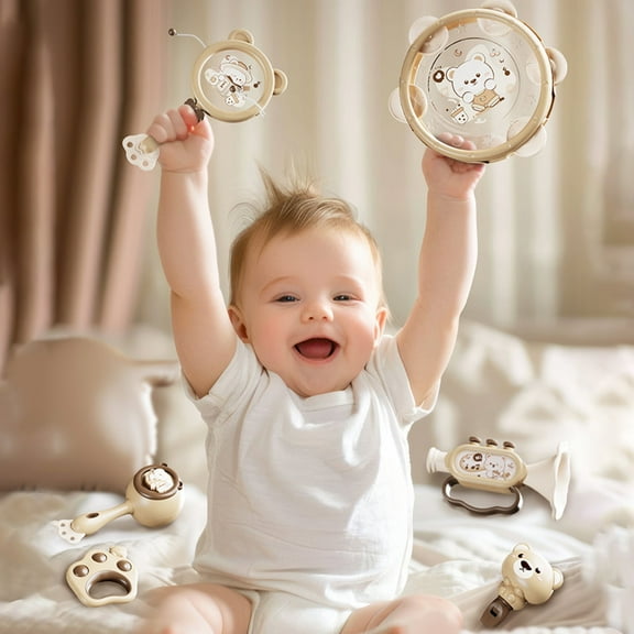 Baby Rattle Toys Set for Newborns 3-6 Months: 4-Piece Animal Shaker & Maracas Teething Toy with Easy-Grip Handles for Sensory and Motor Skills,Gray