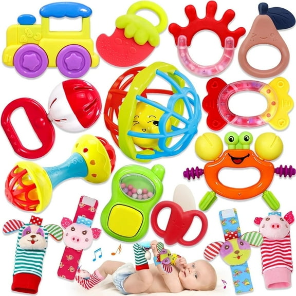 Ludolm Baby Rattles Toys 0-6 Months: Rattles for Babies 0-3-6-12 Months Infant Rattle Toys for Babies 0-6 Months Teething - Newborn Baby Boy Girl Rattles Set Wrist Socks(Rainbow colors-15PCS)