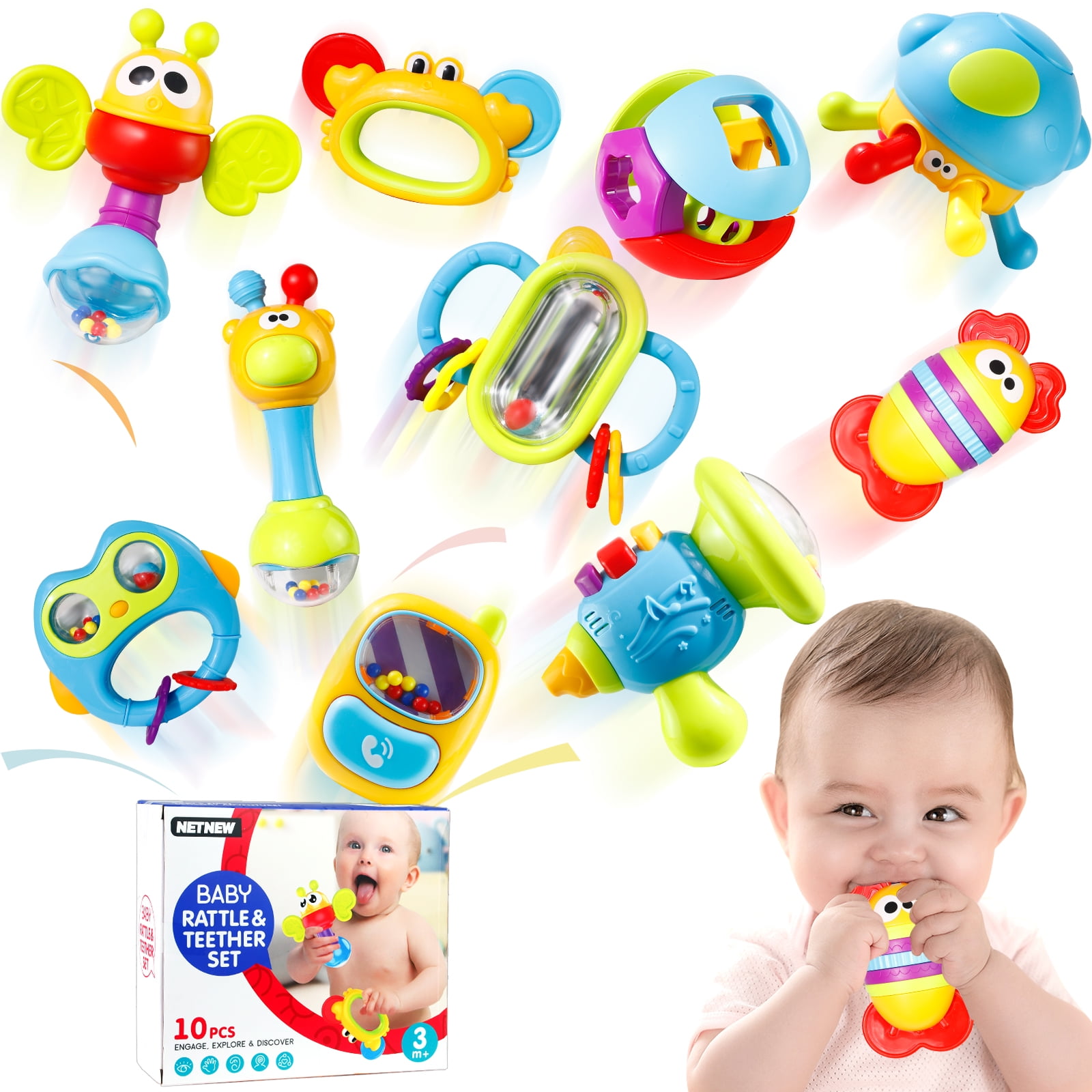 LITTLESMET Baby Rattle Sets Teether Rattles Toys, 8pcs Babies Grab Shaker  and Spin Rattle Toy Early Educational Toys with Owl Bottle Gifts Set for