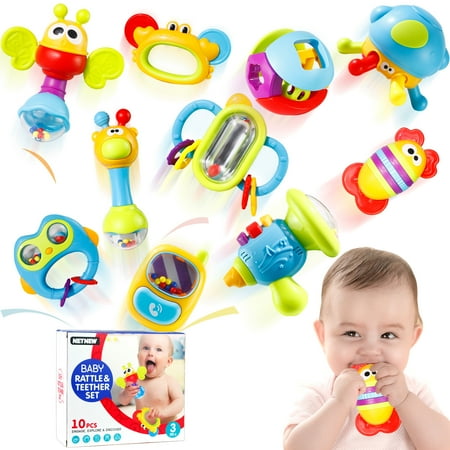 10pcs Baby Rattles Toys Set, Infant Grab N Shake Rattle, Sensory Teether, Early Development Learning Music Toy Newborn Birthday Gifts for 0 1 2 3 4 5 6 7 8 9 10 12 Month Babies Boy Girl