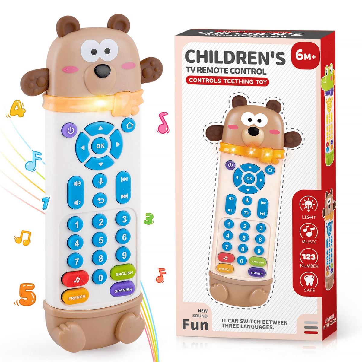 Baby Remote Control Toy with Silicone Teether, Remote Teether for Baby with Realistic Lights and Sounds - 3 Languages (English, Spanish & French), Baby Musical Toys Gifts for Boys Girls 6 Month+