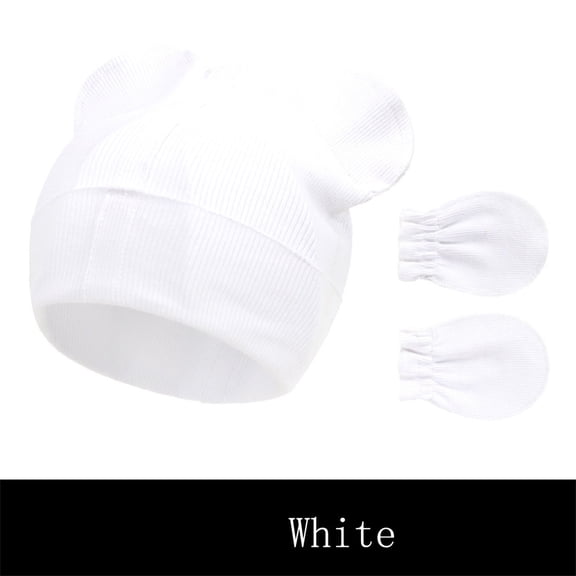 Baby Ribbed Cotton Hat and Mittens Set with Bear Ears Design, Soft Stretchable Knit Cap for Infants, Warm Winter Set for Newborn Boys Girls, Cute Animal Themed Gift Set for Christmas, New Year White