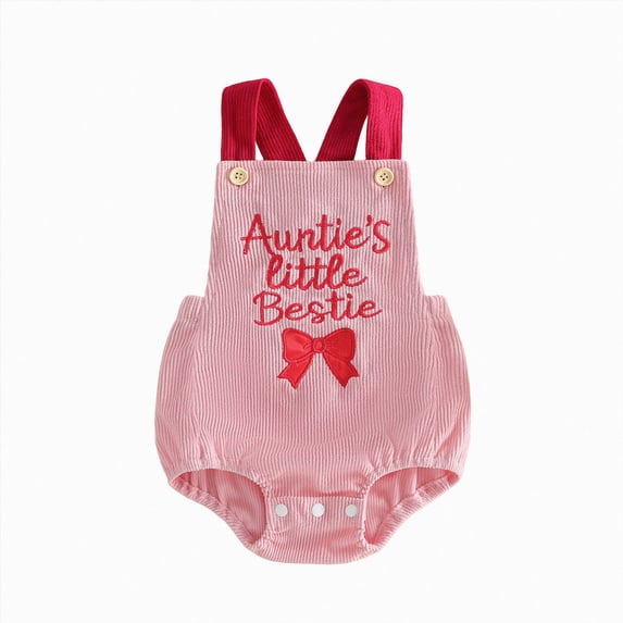 Baby Ribbed Overall Romper with "Auntie's Little Bestie" Embroidery and Bow Detail