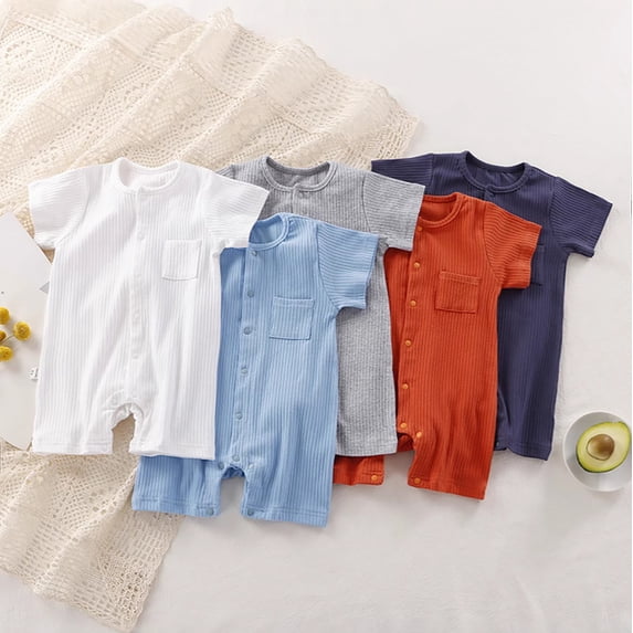 Baby Ribbed Romper Short Sleeve Button-Down Bodysuit with Pocket Neutral Jumpsuit for Soft Breathable Summer Outfit OR1 6-12 Months