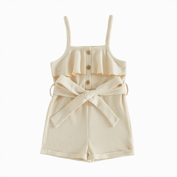 Baby Ribbed Strap Romper with Ruffle Trim and Tie Waist,Summer Outfit