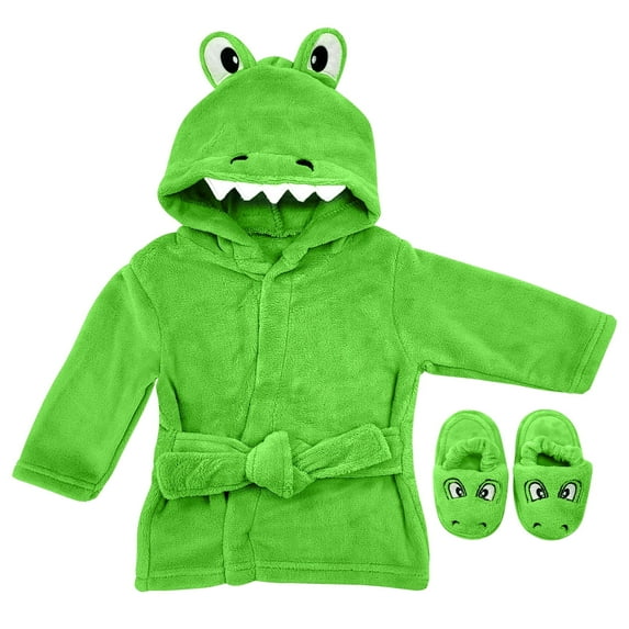 Rising Star Baby Bathrobe Set for Boys, Toddler Bathrobe with Hood, Matching Slippers and Turban, Soft Plush Cotton Boys Bathrobe, Green Aligator