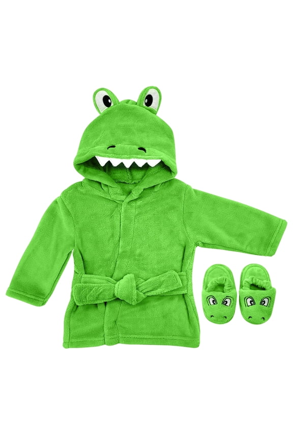 Baby Bathrobe Set for Boys, Toddler Bathrobe with Hood, Matching Slippers and Turban, Soft Plush Cotton Boys Bathrobe, Green Aligator