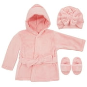 Baby Robe - Soft Plush Bath Towel Robe Spa Set - Baby Bathrobe Towel & Slippers for Boys + Turban for Girls Robe Set Pink, 0-9 Months