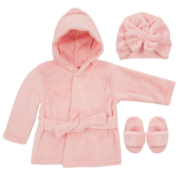Rising Star Toddler Bathrobe Set, 12-24 Months, Girls Bathrobe with Slippers & Turban, Toddler Bathrobe Plush Baby Robe, Pink