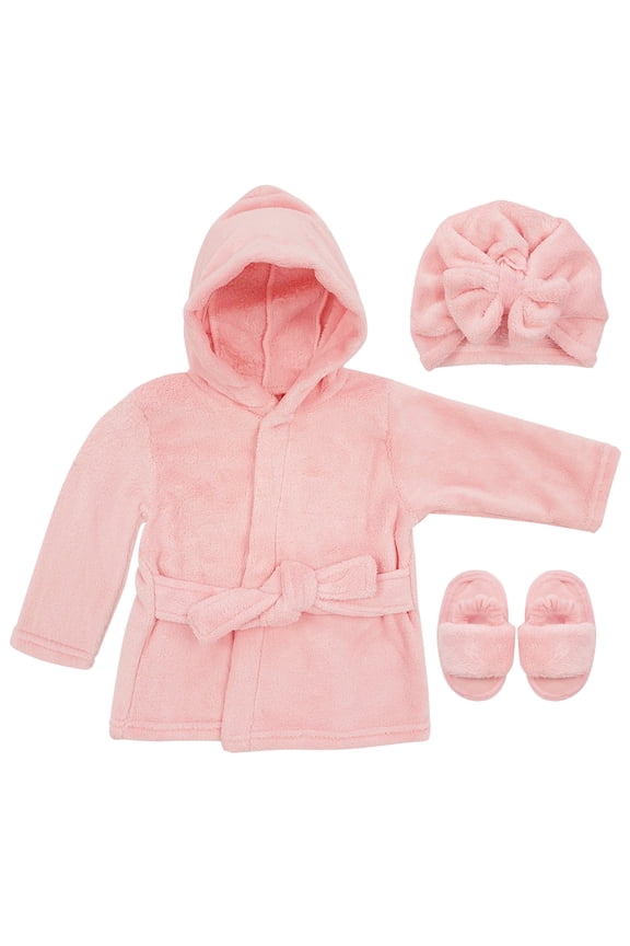 Toddler Bathrobe Set, 12-24 Months, Girls Bathrobe with Slippers & Turban, Toddler Bathrobe Plush Baby Robe, Pink