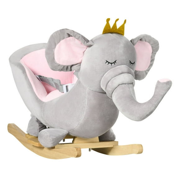 Baby Rocking Elephant Toy - Qaba Toddler Rocker with Sound & Safety Belt - Gray Plush Rocking Horse for 1.5-3 Year Olds - Wooden Base