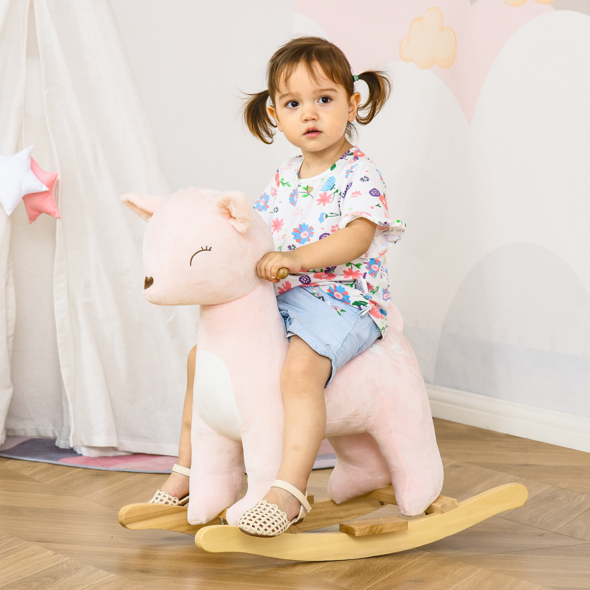 Baby Rocking Horse, Kids Plush Deer Themed Ride-On Chair Toy with ...