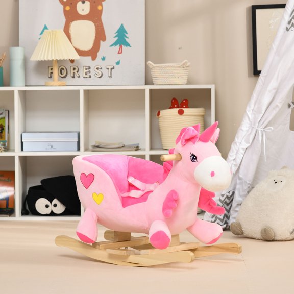 Baby Rocking Horse, Ride on Unicorn with 32 Songs, Toddler Plush Animal Toy with Wooden Base and Seat Safety Belt, for 1.5-3 Year Old, Pink