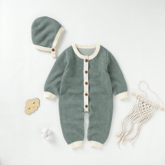 Baby Romper 100%Cotton Knitted Newborn Boy Girl Jumpsuit Outfit Long Sleeve Autumn Infant Clothing Hat 2PC Playsuit 0-18M Onesie