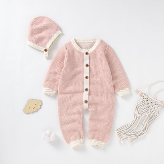 Baby Romper 100%Cotton Knitted Newborn Boy Girl Jumpsuit Outfit Long Sleeve Autumn Infant Clothing Hat 2PC Playsuit 0-18M Onesie