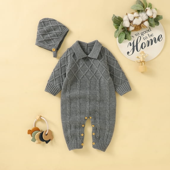 Baby Romper Autumn Long Sleeve Newborn 2PC Boy Jumpsuit Outfits Knit Infant Children Clothing Hat Fashion Turndown Collar Onesie