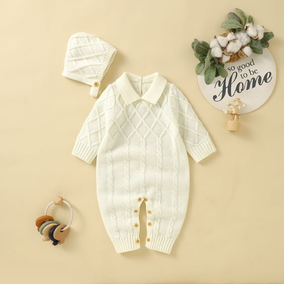Baby Romper Autumn Long Sleeve Newborn 2PC Boy Jumpsuit Outfits Knit Infant Children Clothing Hat Fashion Turndown Collar Onesie
