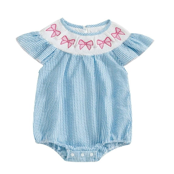 Baby Girl Romper Bow Embroidery Blue Striped Baby Summer Clothes Ruffle Sleeve Toddler Girl Clothes Plain Color Baby Girl Clothes 0-3 Months Baby Girls Clothes