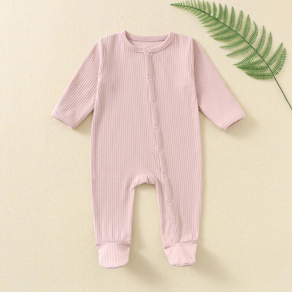 Eygvbb Baby Romper Footed Onesie Infant Jumpsuit Girls Romper Unisex Solid Crew Neck Long Sleeve Ribbed Knit Footed Sleeper Bodysuit for 3-18 Months Newborn Toddler Daily Wear