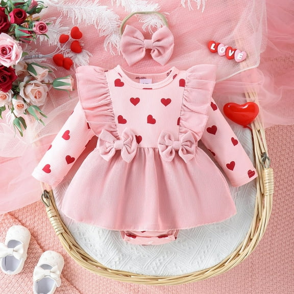 Baby Romper Girls Long Sleeve Ruffles Valentine's Day Love Prints Romper Skirts Bodysuits Bowknot Headbands Outfits