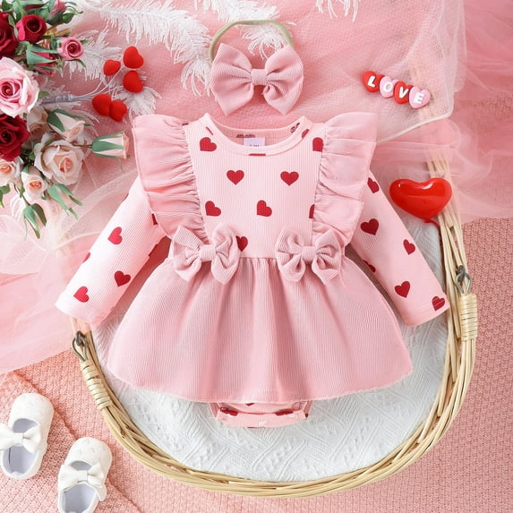 Baby Romper Girls Long Sleeve Ruffles Valentine's Day Love Prints Romper Skirts Bodysuits Bowknot Headbands Outfits