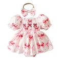 thumbnail image 1 of Baby Romper Short Sleeve Bowknot Prints Cute Bodysuits Dress Headbands Set Baby Girl Onesies Red, 1 of 6