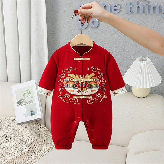 Girls Boy Romper Long Sleeve Spring Festival Print Chinese New Year Outfit Baby Clothes Spring Toddler Girls Romper 3-6 Months