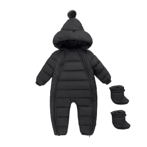 Baby Romper Jumpsuits Baby Boys Girls Long Sleeve Solid Winter Hooded Coat Jacket Thicken Windproof Warm Jumpsuit Outwear With Shoes Z0R-Black, 0-3 Months