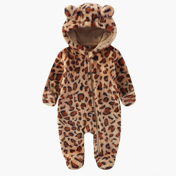 Baby Romper Kids Leopard Print Jumpsuit Soft Boys Winter Romper Jumpsuit Fleece Lined Outfit Long Sleeve Onesies Girl Brown 9 M-12 M