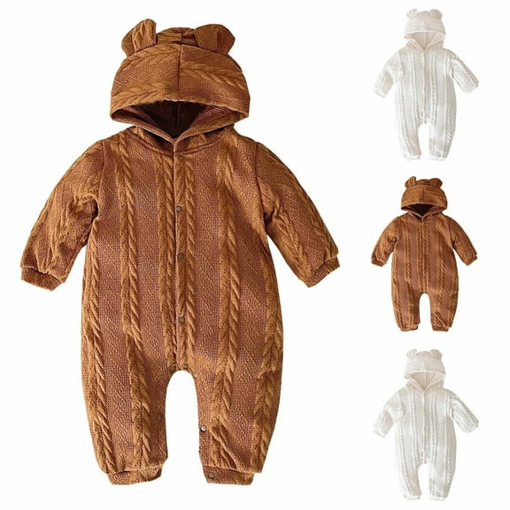 Baby Romper Knitted Hooded Sweater Long Sleeve Solid Color Jumpsuit with Bunny Ear Cozy Fall Winter Clothes for Infant Newborn Boy Girl