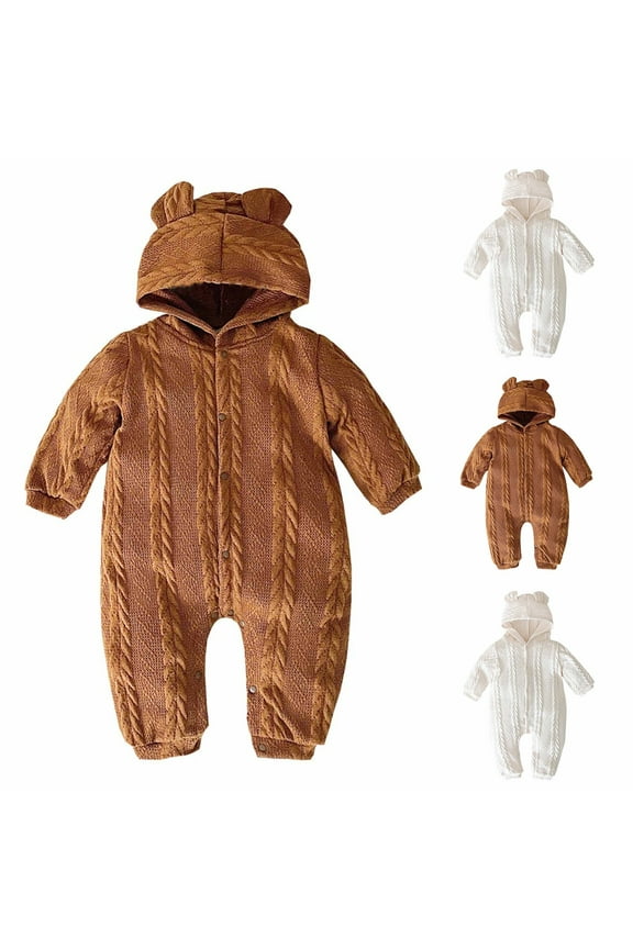 Baby Romper Knitted Hooded Sweater Long Sleeve Solid Color Jumpsuit with Bunny Ear Cozy Fall Winter Clothes for Infant Newborn Boy Girl