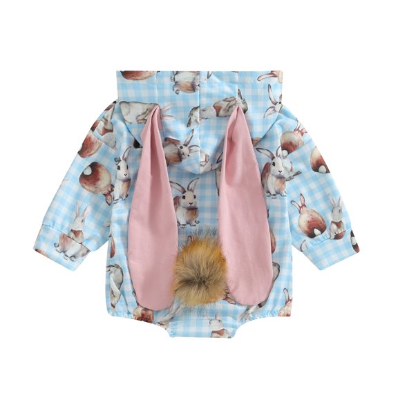 Baby Romper, Long Sleeve Hooded Bunny Print Fall Bodysuit Easter Clothes for Girls Boys