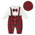 thumbnail image 1 of Baby Romper Long Sleeve Patchwork Plaid Gentleman Bow Suspenders Jumpsuit Hat Baby Bodysuit Red 9 Months-12 Months, 1 of 7
