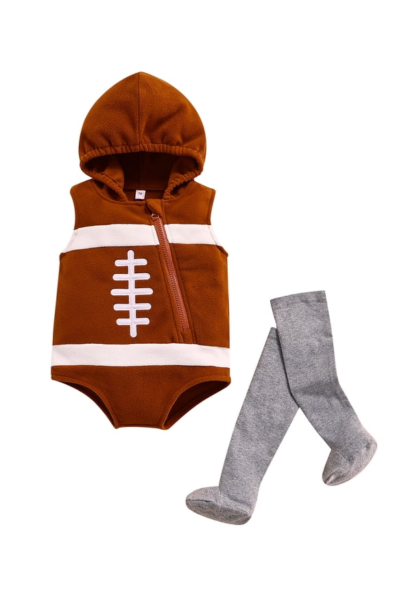 Baby Romper Set American Football Rugby Cartoon Oblique Zipper Hooded Sleeveless Jumpsuit Stockings