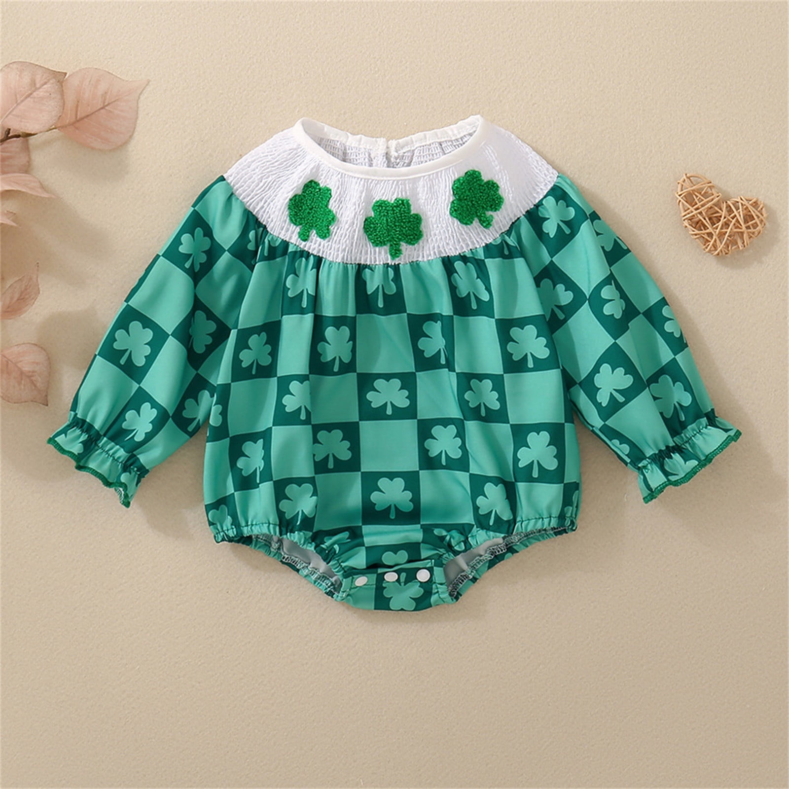 Baby Romper St. Patrick's Day Girls Long Sleeve Green Four Heart Leaf ...