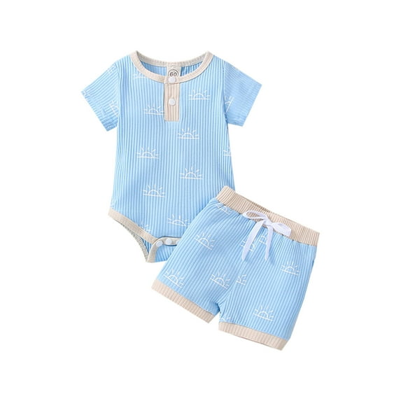 Baby Romper Sun Print Crew Neck Short Sleeve Romper + Drawstring High Waist Shorts Outfits Set