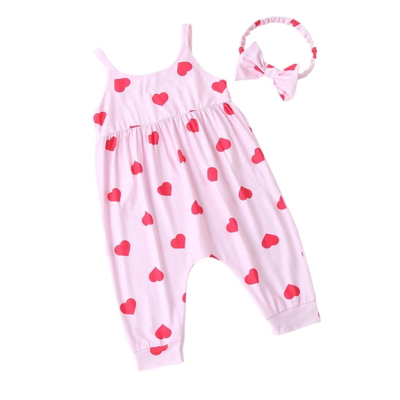 Baby Romper Valentine's Day Infant Girls Love Heart Print Sleeveless Romper with Matching Headband Cute Outfit Pink 6 Months-9 Months