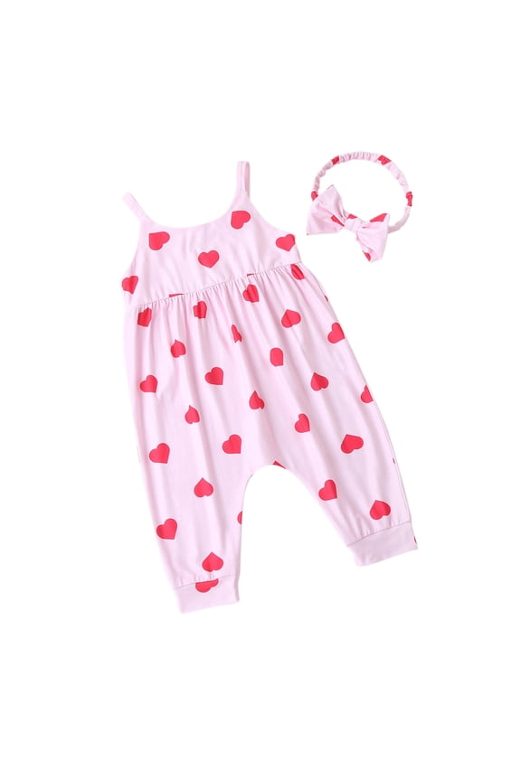 Baby Romper Valentine's Day Girls Love Heart Print Sleeveless Romper with Matching Headband Cute Outfit Pink 9 Months-12 Months