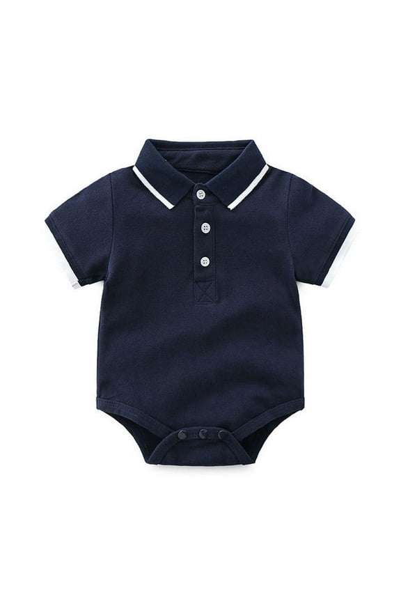Baby Rompers Boy Baby Boys Solid Polo Shirt Summer Short Sleeve Breathable Soft Casual Button Up Jumpsuit Romper Baby Bubble Romper Navy 0 Months-6 Months