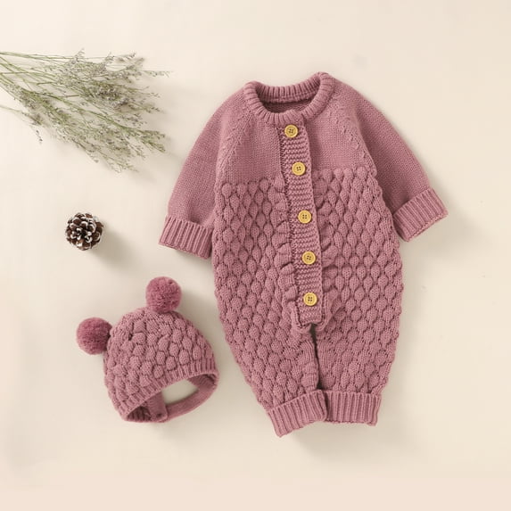 Baby Rompers Caps Clothes Sets Newborn Girl Boy Knitted Jumpsuits Outfits Autumn Winter Long Sleeve Toddler Infant Overalls 2pcs