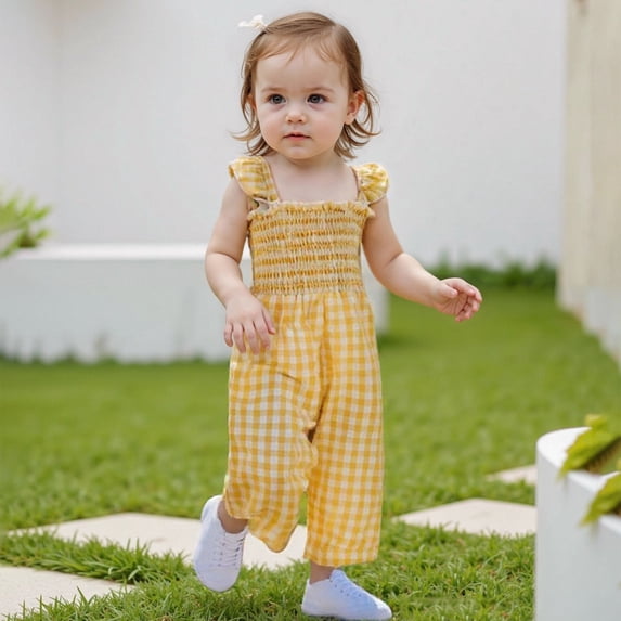 Baby Rompers Girl Girls Sleeveless Flutter Lattice Print Romper Jumpsuits Girls Jumpsuit Yellow 2-3 Years