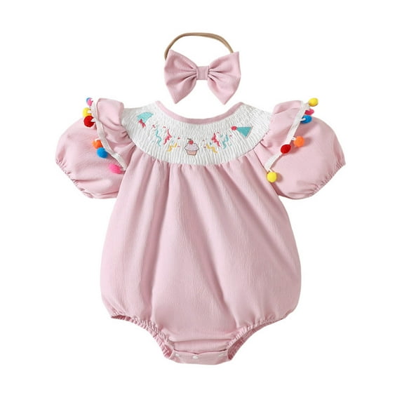 Girls Jumpsuit Toddler Girls Short Sleeve Embroider Tassels Romper Bodysuits Headbands Set Baby Rompers Red 3 Months-6 Months