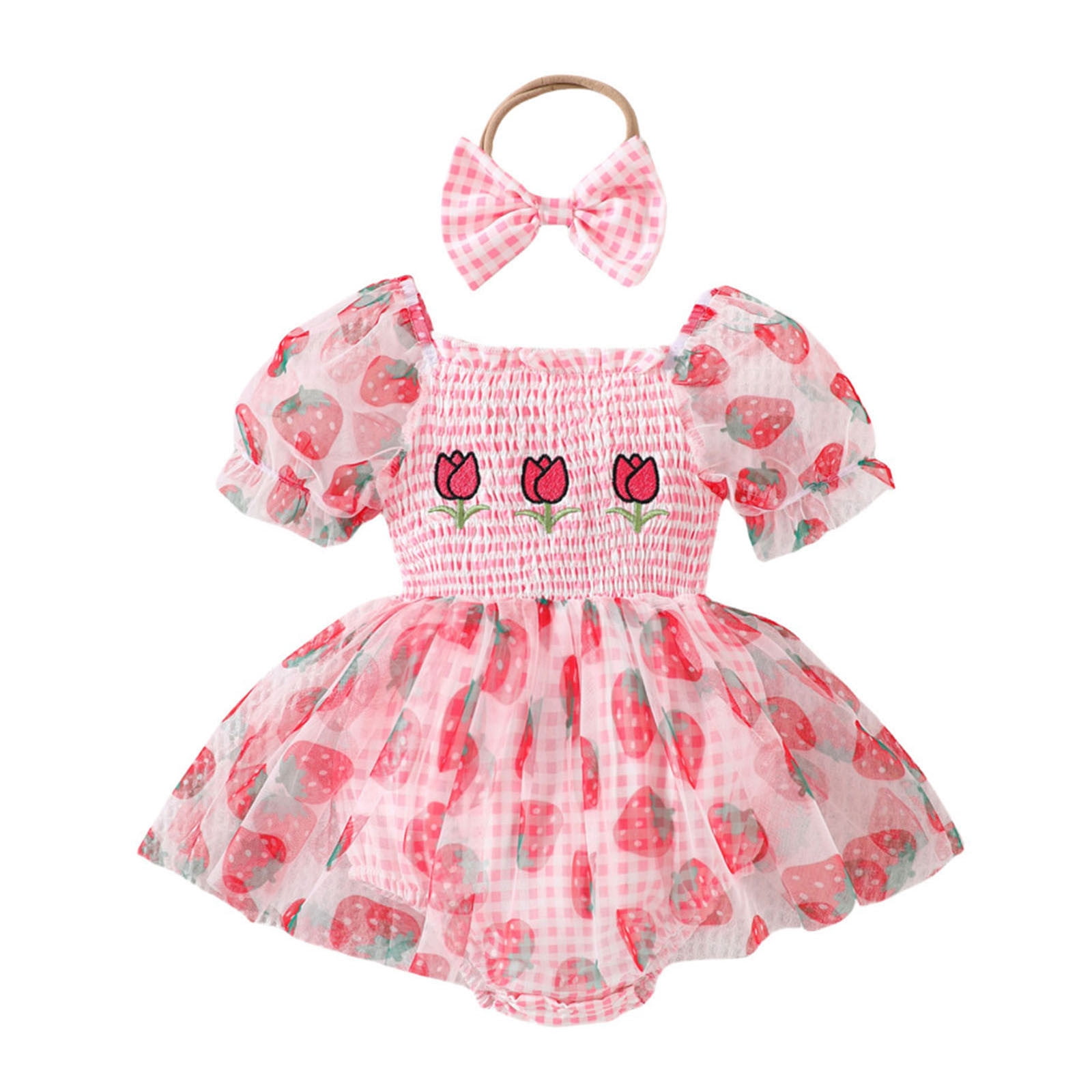 Baby Rompers Girl Girls Short Sleeve Plaid Strawberry Prints Floral Romper Bodysuits Dress Baby Bubble Romper Red 0 Months-3 Months