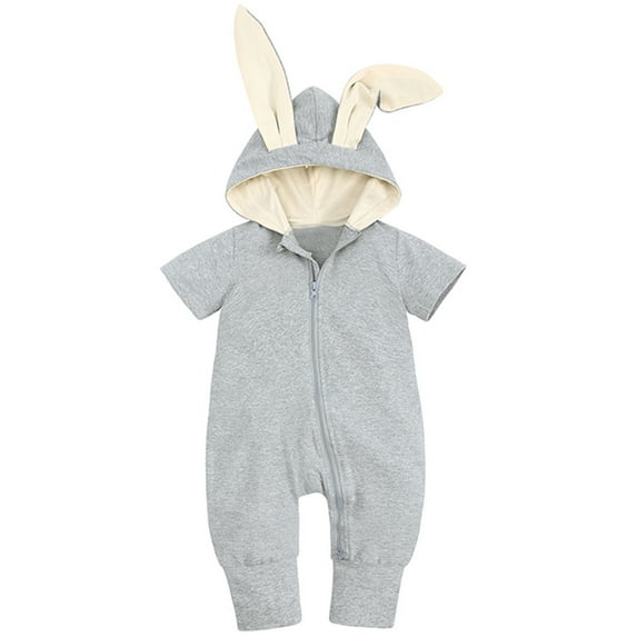 Baby Rompers Girl Toddler Easter Solid Zipper Hooded Rabbit Bunny Romper Playsuit Jumpsuit Baby Bubble Romper Grey 0 Months-3 Months
