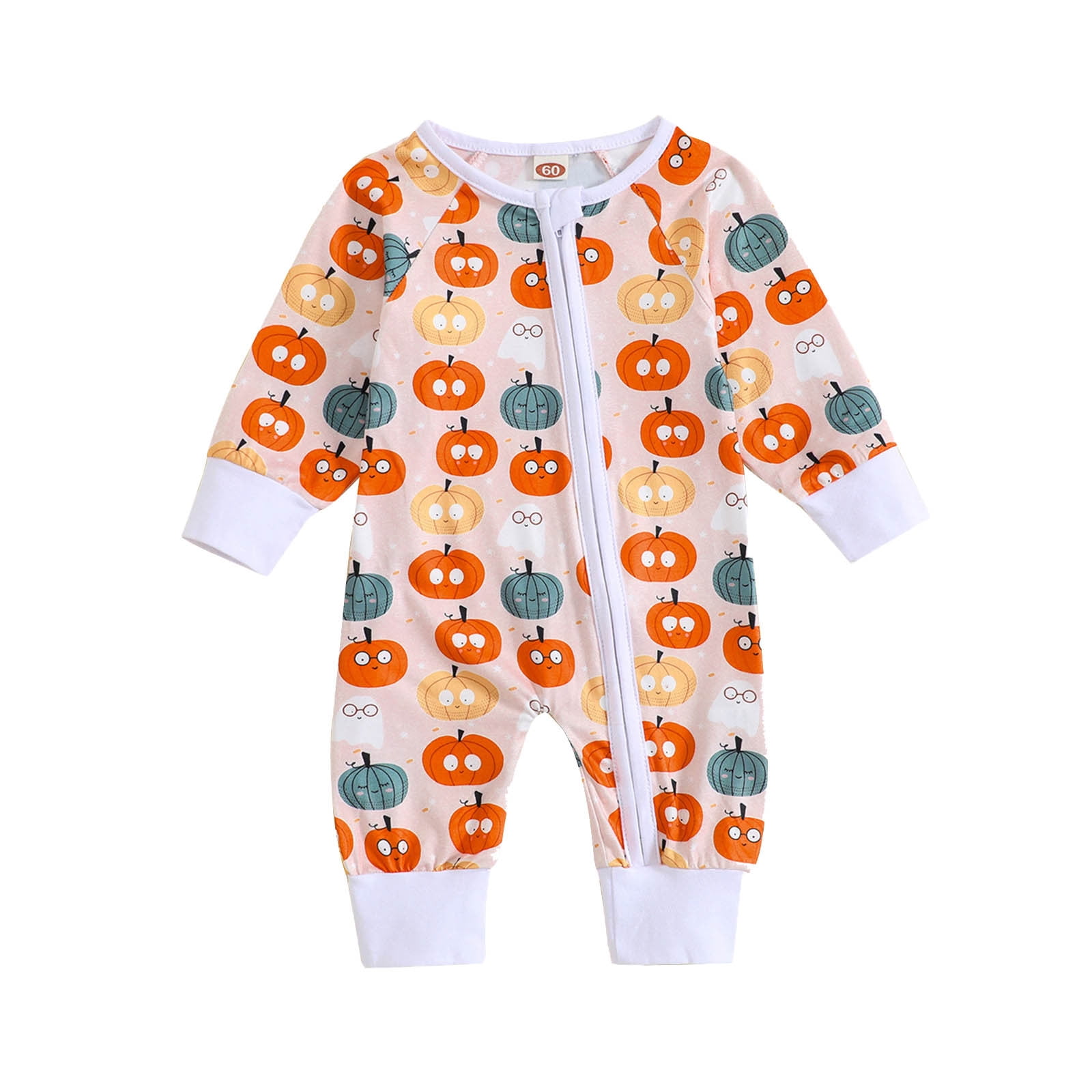 Baby Rompers Girl Toddler Fall Full Zip Jumpsuit Cartoon Pumpkin Print Long Sleeve One Piece Pajama Soft Comfort Baby Rompers Boy White 18 Months-24 Months