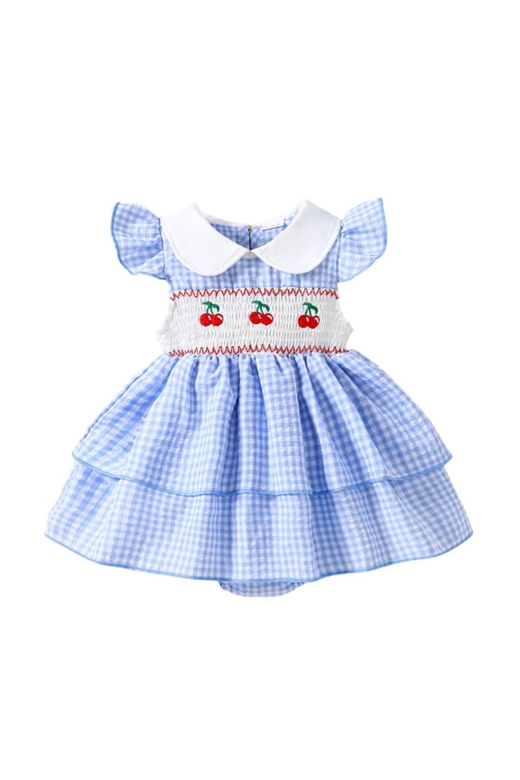 Baby Rompers Girl Toddler Girls Summer Cherry Embroidered Peter Pan Collar Romper Soft Breathable Jumpsuit with Snap Buttons Baby Romper Blue 3 Months-6 Months